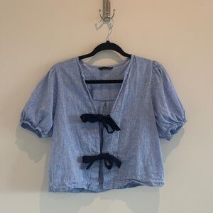 Zara Light Blue Linen-Blend Puff Sleeve Top with Navy Ties